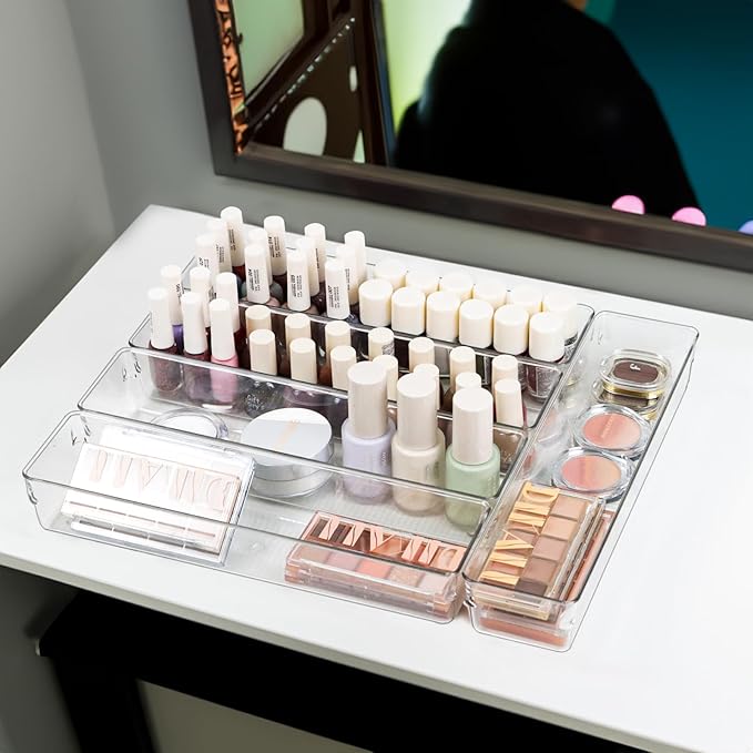 Clear Drawer Organizer Bins Set, Transparent Rectangle Trays, Dresser Bathroom Makeup Vanity Organization and Storage Bins Office Desk Drawer Dividers Organizers (5pc - 12×3×2")