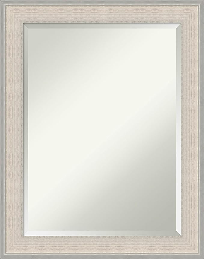 Amanti Art White Wall Mirror 28x22 Cottage White Silver Rectangle Bathroom Mirror for Wall Decor Living Room, Medium Cottage Wood Frame, Hangs Horizonally and Vertically, Bathroom Decor, Beveled Edge