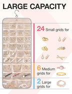 BAGSMART Hanging Jewelry Organizer Storage Roll with Hanger Metal Hooks Double-Sided Jewelry Holder for Earrings, Necklaces, Rings on Closet, Wall, Door, 1 piece, Large, Grey