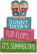Lineshading 4 Pcs Summer Table Decorations Wooden Flip-flop Stacked Block Decor, "Sunny Days It's Summertime" Signs with Beach Sandal Topper, Rustic Coastal Tiered Tray Decoration for Home Coffee Bar