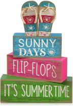 Lineshading 4 Pcs Summer Table Decorations Wooden Flip-flop Stacked Block Decor, "Sunny Days It's Summertime" Signs with Beach Sandal Topper, Rustic Coastal Tiered Tray Decoration for Home Coffee Bar