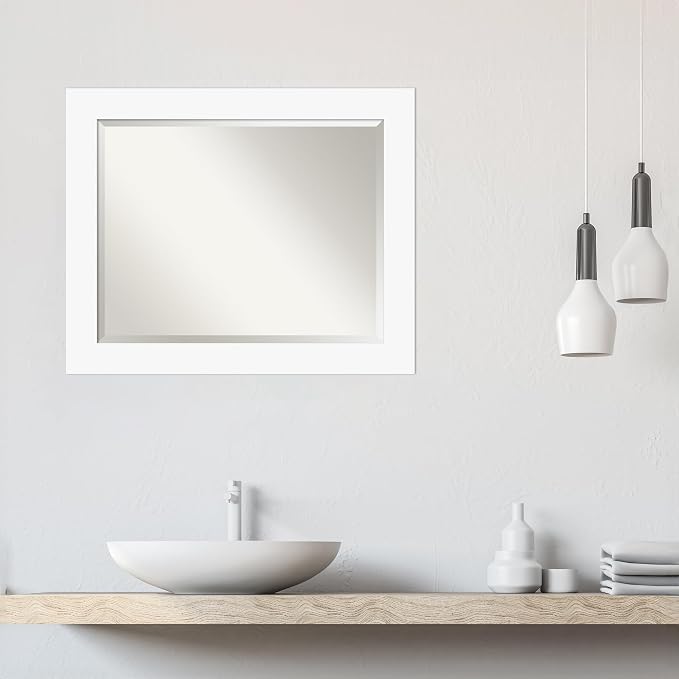 Amanti Art White Wall Mirror 27x33 Basic White Rectangle Bathroom Mirror for Wall Decor Living Room, Large Casual Wood Frame, Hangs Horizonally and Vertically, Bathroom Decor, Beveled Edge