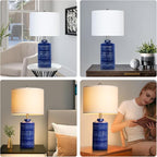 JUNNAI 24.5" Navy Blue Table Lamp Modern Bedside Ceramic Lamps for Living Room 3-Way Dimmable Entryway Nightstand Farmhouse Lamp for Home Office Bedroom, Bulb Included
