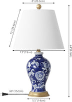 JONATHAN Y 24" Navy/White French Country Ceramic Floral Urn Table Lamp, White Linen Shade, Chinoiserie Ginger Jar Bedside Lamp for Living Room Bedroom, LED Bulb (JYL3009E)