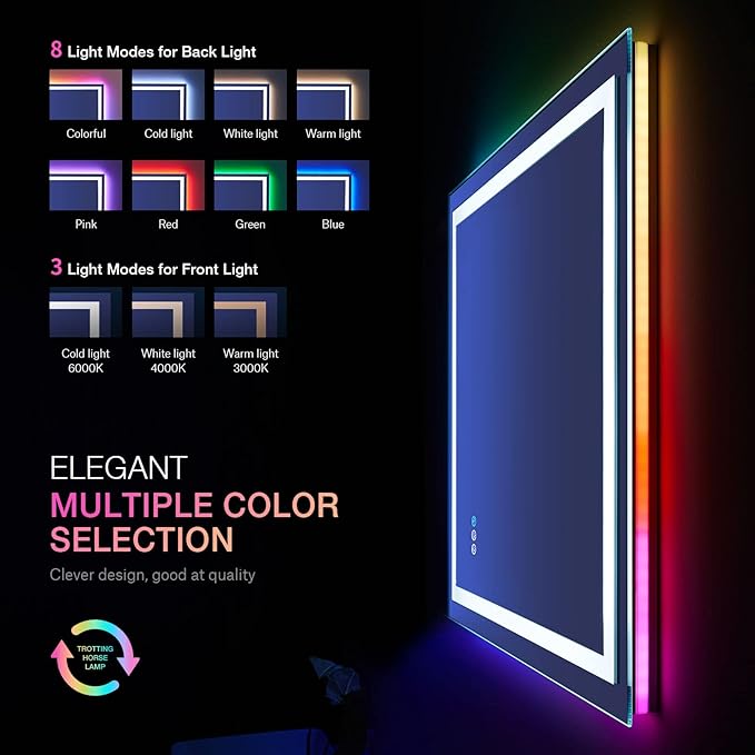 LOAAO 28"X32" LED Bathroom Mirror with Lights, Anti-Fog, Dimmable, RGB Backlit + Front Lighted, Bathroom Vanity Mirror for Wall, Memory Function