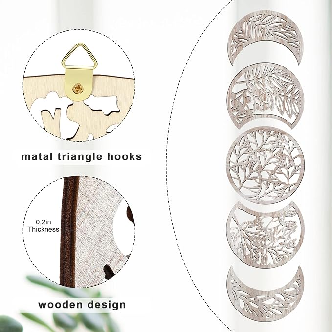 Jetec 5 Pcs Moon Phase Wall Art Decor Wall Pediments Hanging Wooden Phase Spiritual Bedroom Nordic Boho Lunar Aesthetic Art for Living Room Dorm Apartment Ornament(Vintage Color,10.6 Inch,Botanical)