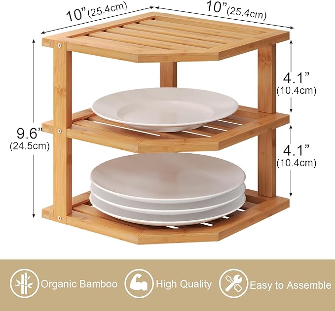 VERTORGAN 3 Tier Bamboo Corner Shelf(2 Pack),Plate Organizer,Dish Drying Rack,Kitchen Spice Rack for Countertop and Cabinet