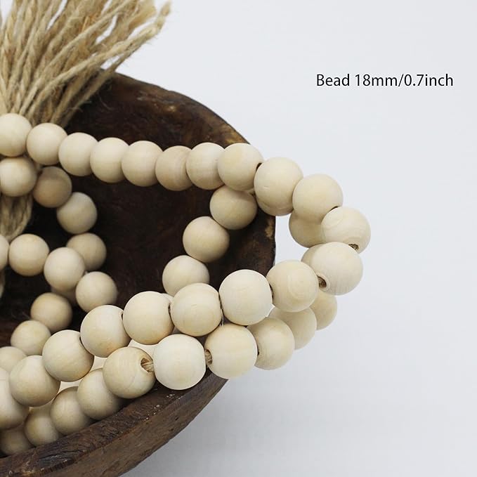 Farmhouse Decor Beads 60in Wooden Bead Garland with Tassels Rustic Minimalist Home Accent Prayer Country Boho Decoration for Wall Hanging Living Room Table Mantle Shelf Decor, Natural