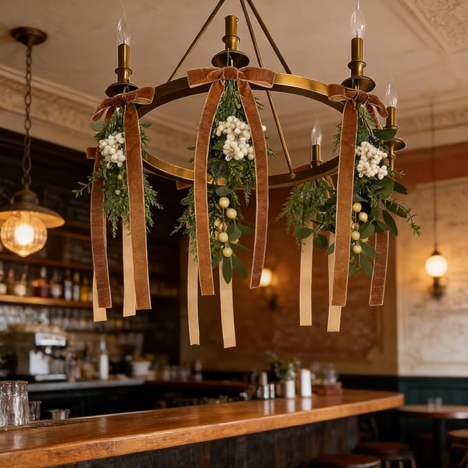6 Pcs Spring Summer Green Eucalyptus Teardrop Swags 12" Artificial Eucalyptus Chandelier Swag Decor with Brown Velvet Bows Farmhouse Teardrop Wreaths for Indoor Outdoor Farmhouse Home Decor
