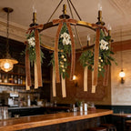 6 Pcs Spring Summer Green Eucalyptus Teardrop Swags 12" Artificial Eucalyptus Chandelier Swag Decor with Brown Velvet Bows Farmhouse Teardrop Wreaths for Indoor Outdoor Farmhouse Home Decor