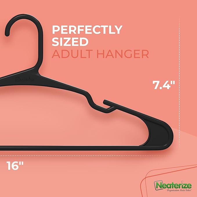NEATERIZE Clothes Hangers Plastic 20 Pack for Adults - Plastic Hangers, The Perfect Coat Hanger and Space Saving Clothes Hangers for Closet, Percheros Ganchos para Colgar Ropa Hangars - Black Hangers