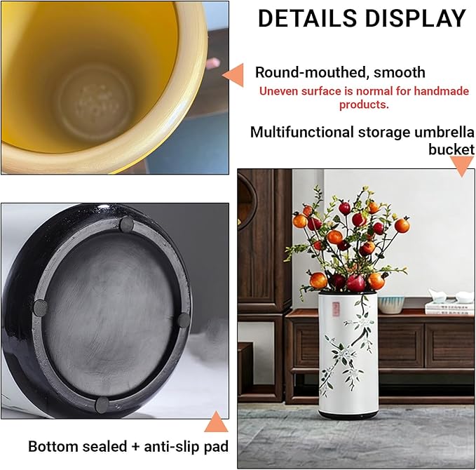 Ceramic Umbrella Stand Umbrella Holder for Entryway Hand-Made Umbrella Stand Barrels Umbrella Holder Cane Floor Standing Vase Ceramic Storage Bucket for Home Office Entrance Indoor.(Yellow 201)