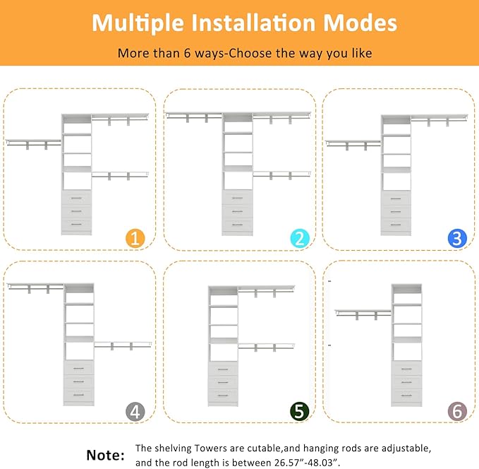 Closet System with Drawers, 5-8FT Closet Organizer Systems with Expandable Hanging Rods, 96" Closet Shelving Systems for Walk in Closets, Heavy Duty Wall Mount Closet Systems-White