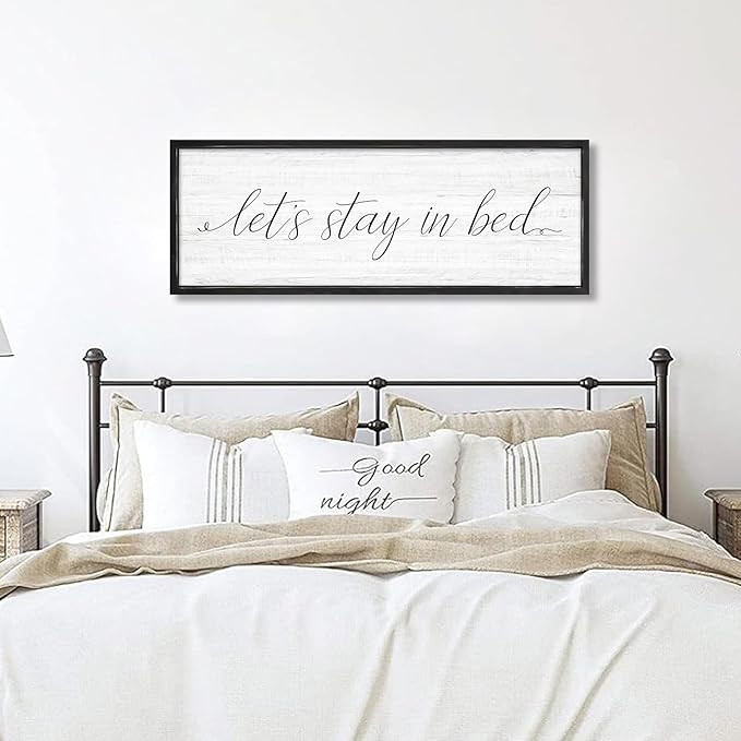 Lets Stay in Bed Wall Decor Above Bed 41.3''×15'' Large Farmhouse Wall Decor for Bedroom Guest Room Decor Framed Wood Wall Art Rustic Master Bedroom Wall Decoration (black frame)