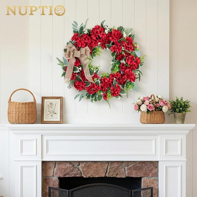 NUPTIO Geranium Wreath for Front Door: 24 Inch Summer Red Patriotic 4th of July Wreaths with Greenery Bow Hanger - Outdoor Realistic Artificial Silk Flower Spring Decor for Wall Window Porch Farmhouse