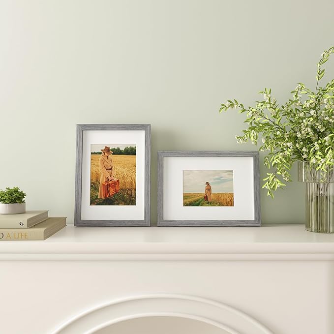 Egofine A4 Picture Frames Set of 4, Made of Solid Wood Covered by Plexiglass 5x7 and 6x8 with Mat or A4 without Mat, for Table Top Display and Wall Mounting Photo Frame Light Grey