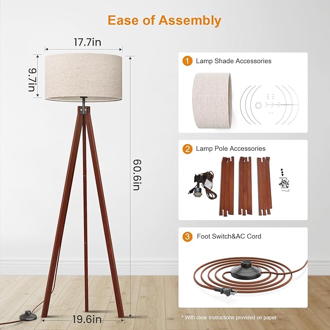 LEPOWER Wood Tripod Floor Lamp, Mid Century Standing Lamp, Modern Design Studying Light for Living Room, Bedroom, Study and Office, Flaxen Linen Shade with E26 Base Brown