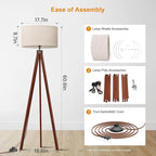 LEPOWER Wood Tripod Floor Lamp, Mid Century Standing Lamp, Modern Design Studying Light for Living Room, Bedroom, Study and Office, Flaxen Linen Shade with E26 Base Brown