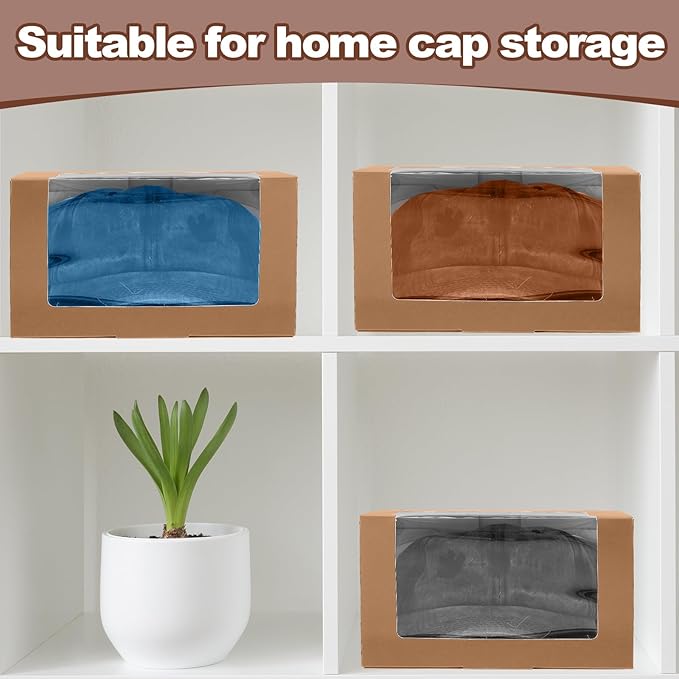50 Pcs 50 Pack Hat Boxes with Clear Window, Foldable Black Gift Boxes for Baseball Caps, Storage, Display and Shipping (Brown)