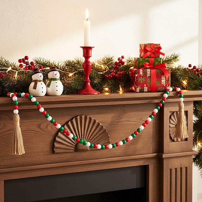 Equsion Seasonal Wooden Bead Garland with Tassels, 3.3 ft Holiday Vintage Boho Bead Garland Easter Tray Decoration, Vase Wall Room Art Birthday Party Decoration(Christmas Colors)