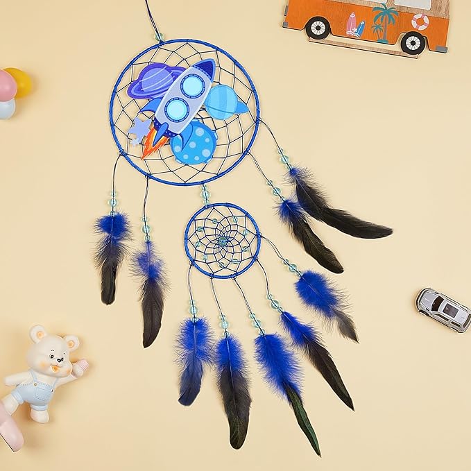 Basumee Dream Catcher for Kids Feather Dream Catchers Handmade Home Decor Wall Hanging with Double Ring for Nursery Bedroom Boys Room, Blue Rocket