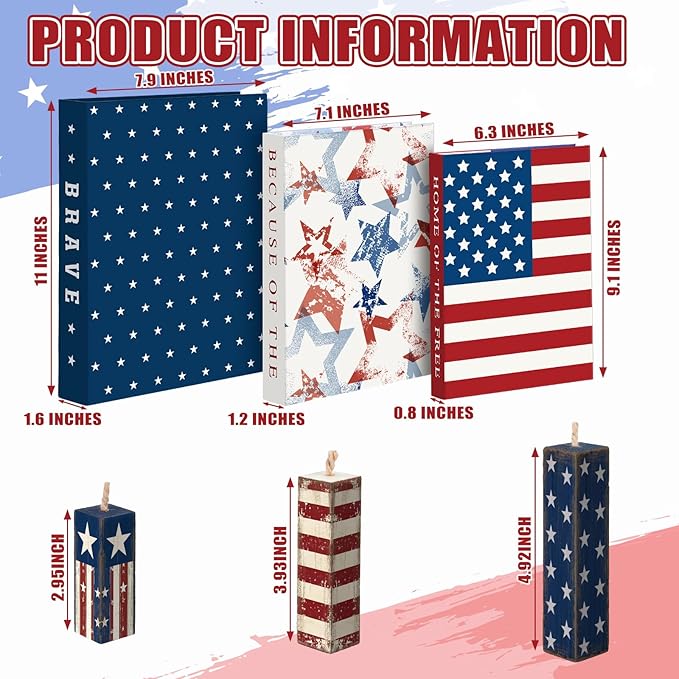 Thyle 4th of July Fake Decorative Books Wooden Firecracker Table Signs Faux Patriotic Decor Farmhouse Decoration Books for Independence Day 250th Anniversary Party Office Home Shelf Table Decor