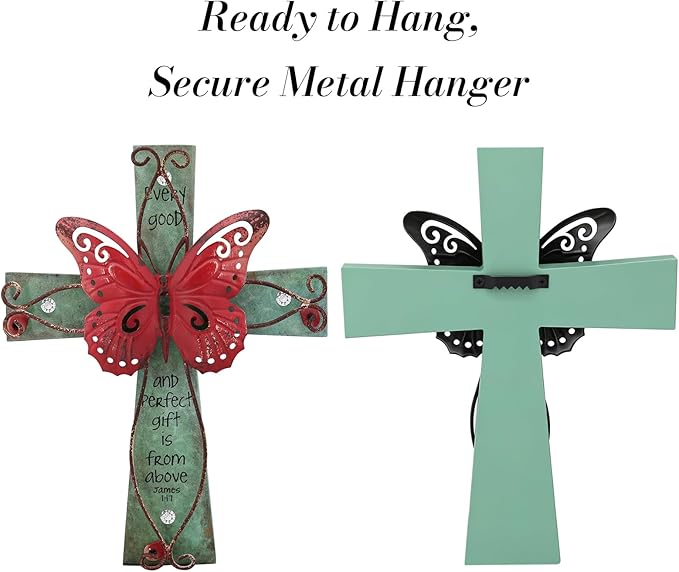 INHAI Handcrafted Christian Wall Cross 9x7,James 1:17 Verse on Wood with Antiqued Metal,Mother's Day Inspirational Home Decor Gift(Red)