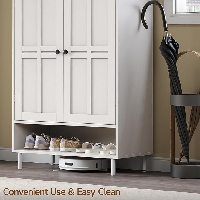 ONBRILL Shoe Storage Cabinet with Cross Molding Doors, 6-Tier Farmhouse Shoe Cabinet with 3 Adjustable Shelves and Metal Legs, 45'' Tall Shoes Rack Organizer Cabinet for Entryway, Front Door, White