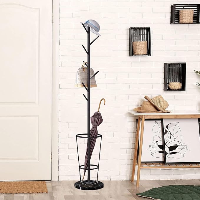 Metal Umbrella Stand with Coat Rack,Modern Umbrella Holder for Entryway,Freestanding Umbrella Rack with Marble Base,Tall Umbrella Storage for Indoor Outdoor Patio(66.9″, Gold Black)