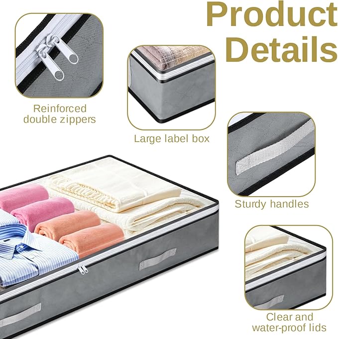 4 Pack 5.5 Inches High Under Bed Storage Containers, Low Profile Under Bed Storage Containers, Foldable Underbed Bag Stackable Closet Organizers for Blankets Clothing Comforter Wrapping Paper