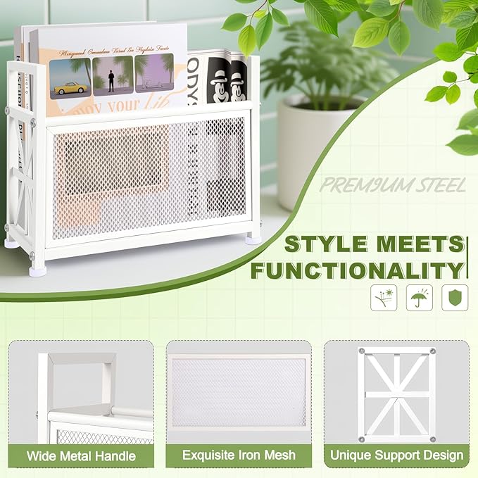Magazine Rack & Holder – Multi-Purpose Storage Organizer for Magazines, Books, Newspapers, Mail, Tablets | Sturdy White Basket for Home, Office, Bathroom | Sleek Design & Easy Assembly