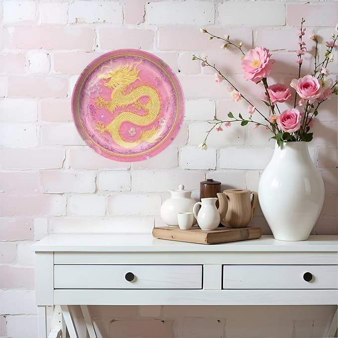 HABEN ARTWORK 10" Ceramic Plates for Display Golden Dragon Floral Patterns Pink Decorative Plate with Stand and Hook for Kitchen Dining Room Wall Hanging Decor