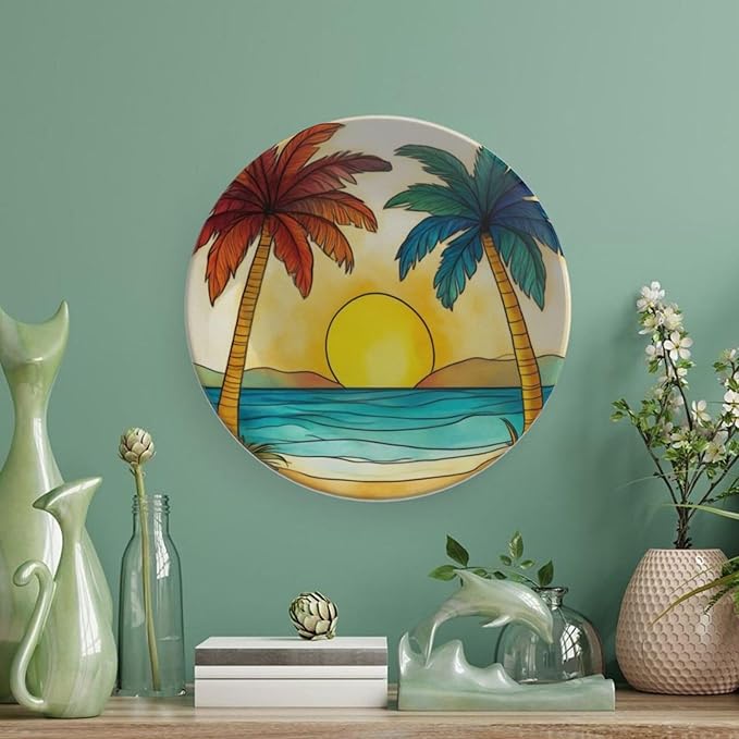 Palm Tree Theme Decorative Ceramic Plate Round Porcelain Plate,10 inch,Sunset Cartoon Pattern,for Decorative Ornaments Giving Plates,1 Plate with 1 Display Stand,Orange Blue