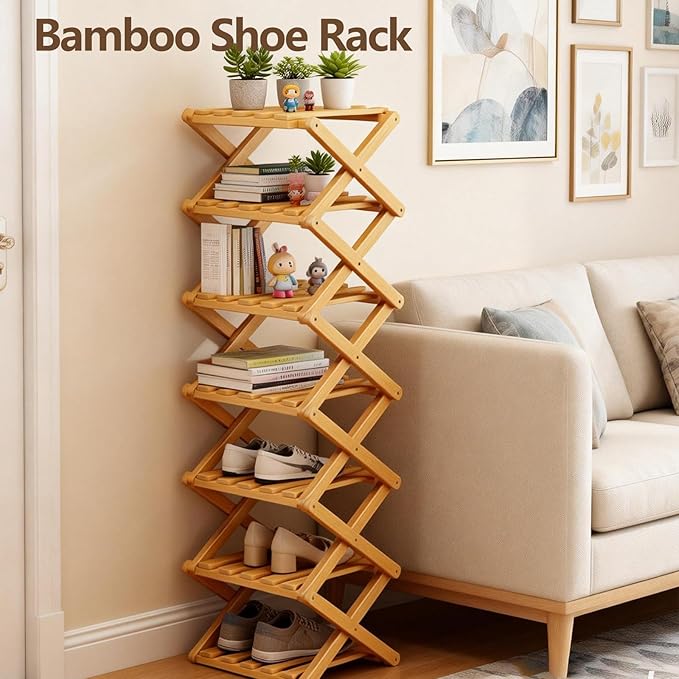 2/3/4/5/6/7/8/9 Tier Bamboo Folding Shoe Rack,2026 New Bamboo Foldable Shoe Rack,no Installation Required,Vertical Multi-Layered Organizer,Space-Saving for Entryways& Balconies (Primary Color, 10)