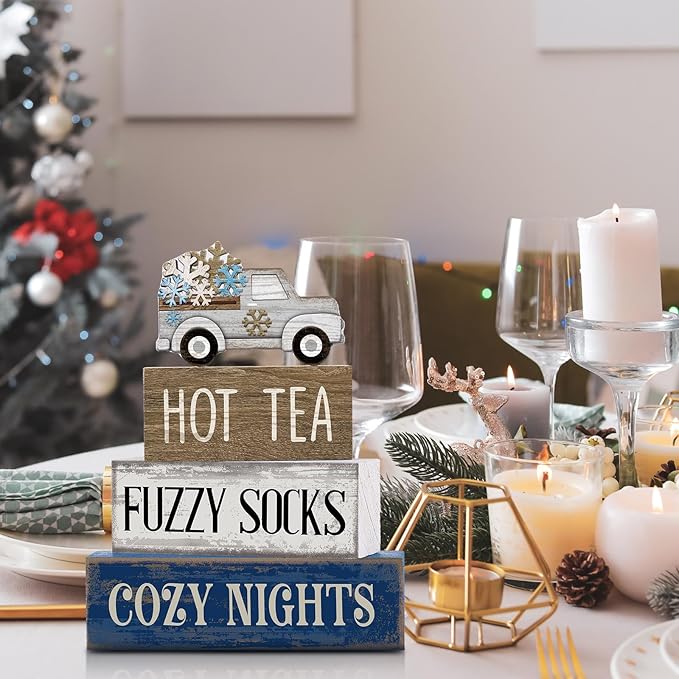 Lineshading 4 Pcs Winter Table Decorations Wooden Snowflake Truck Winter Tiered Tray Decor Christmas Centerpiece Rustic Decorative Truck Block Sign Gift Farmhouse Christmas Decor for Home Kitchen