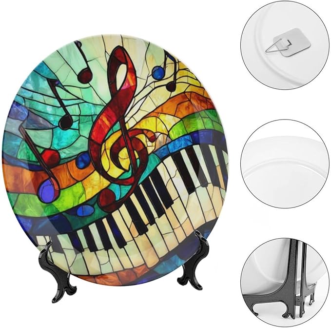 Musical Notes Theme Decorative Ceramic Plate Round Porcelain Plate,10 inch,Musical Rainbow Stained Glass Pattern,for Decorative Ornaments Giving Plates,1 Plate with 1 Display Stand,Red Blue