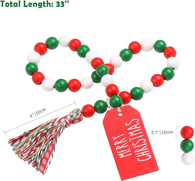 Christmas Wood Bead Garland with Tassels, Rustic Farmhouse Tiered Tray Holiday Decorations, Red and White Wooden Bead with Jute Rope Plaid Tassel, Country Xmas Home Decor (Xmas Red & Green & White)