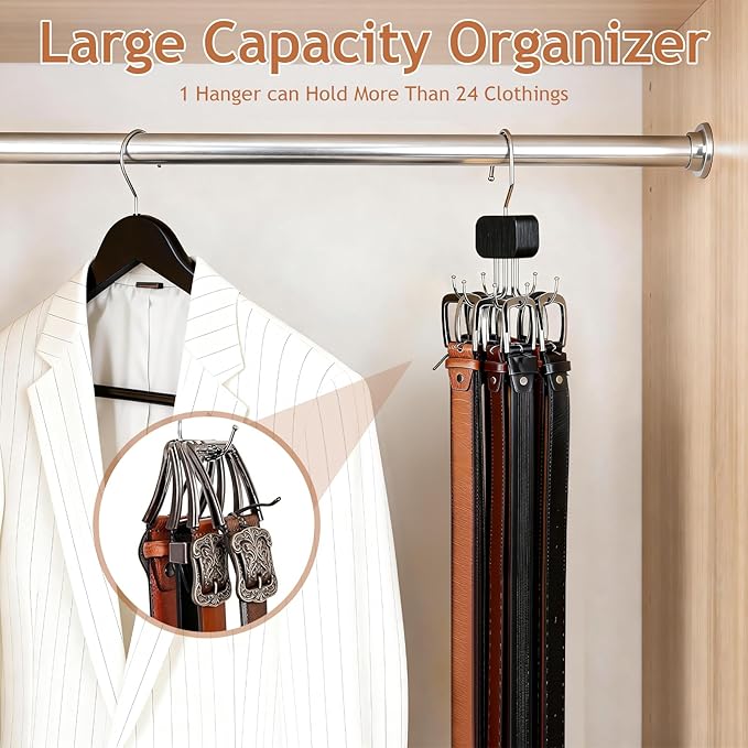 3 Pack Belt Hanger for Closet Organizer, 2026 Upgraded Tie Hangers for Space Saving & Storage, 360° Rotatable & Foldable Hooks, Large Capacity Rack for Tank Top, Bra, Purse (Black)