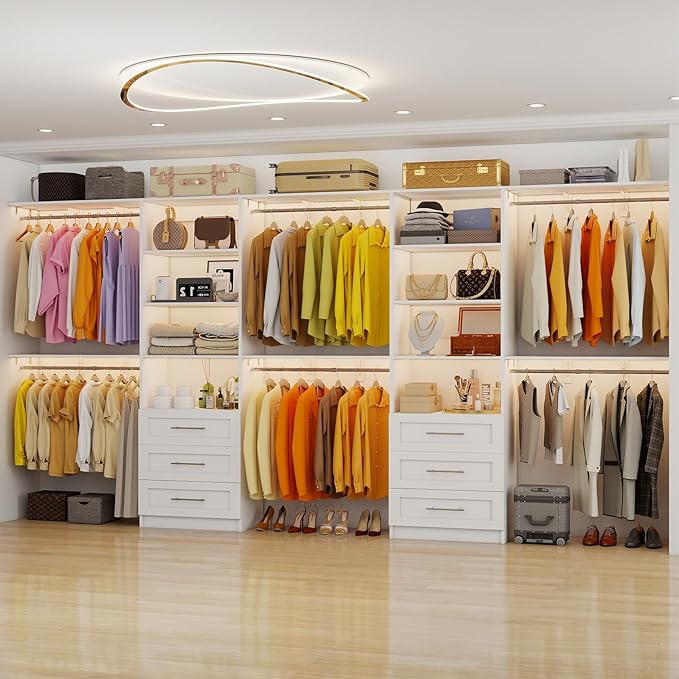 Closet System with 6 Wood Drawers, 6.6-13FT Closet Organizer System with Cuttable Shelves for Walk in Closet with 6 Expandable Hanging Rods, Heavy Duty Built-in Closet for Bedroom, White