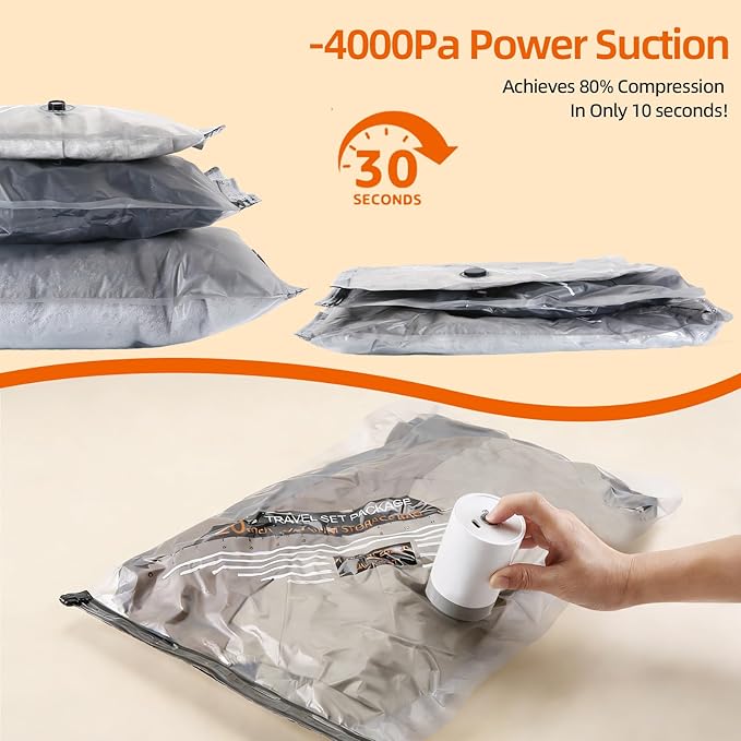 12 Pack Space Saver Bags with Rechargeable Electric Pump, Vacuum Storage Bags for Travel & Home, Compression Bags for Luggage, Clothes, Bedding & Blankets, Cabin-Size Vacuum Sealer Bags