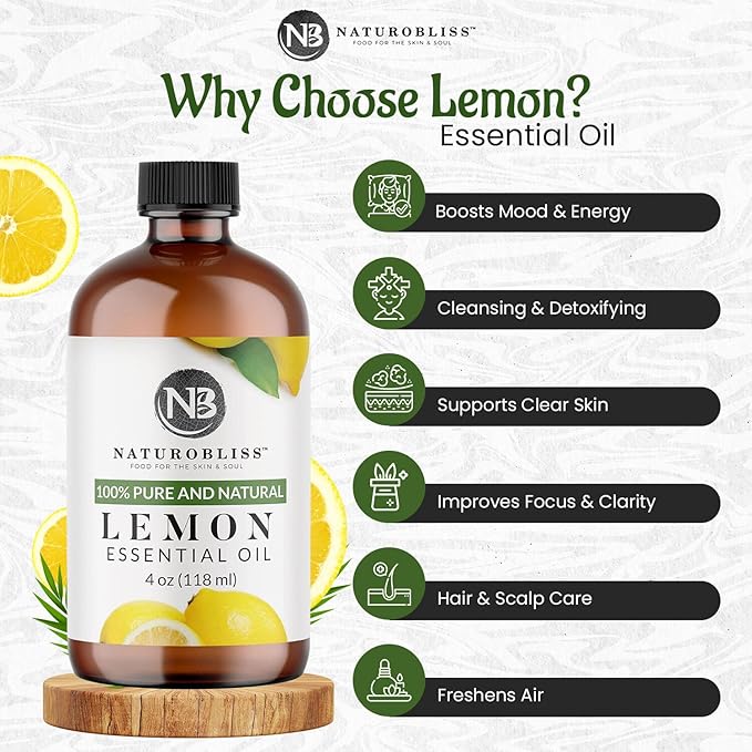 NaturoBliss 100% Pure Lemon Essential Oil Therapeutic Grade Premium Quality (4 fl. oz) with Glass Dropper, Perfect for Aromatherapy