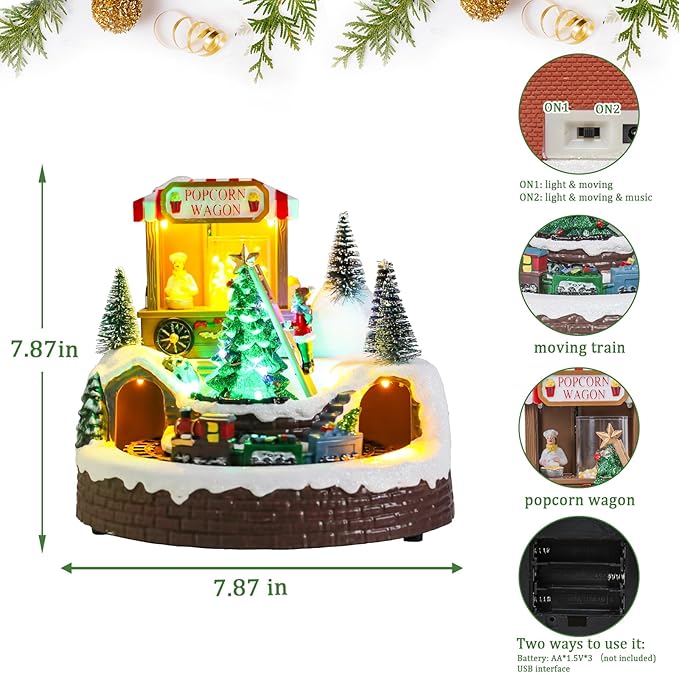 WONDER GARDEN Christmas Village Houses-Christmas Houses Village - Lighted Colorful Musical Popcorn Wagon Collectible Buildings with Moving Train for Home Indoor Decor or Gift