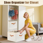 Shoe Organizer for Closet, Shoe Storage Boxes Fits up to 16 Pairs, Foldable Shoe Containers Bins Baskets with Adjustable Dividers and Clear Cover White