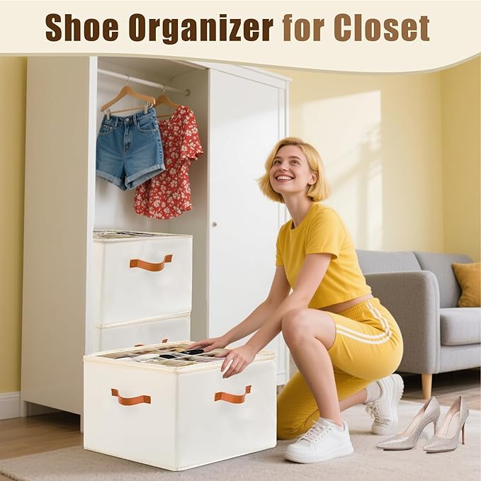 Shoe Organizer for Closet, Shoe Storage Boxes Fits up to 16 Pairs, Foldable Shoe Containers Bins Baskets with Adjustable Dividers and Clear Cover White