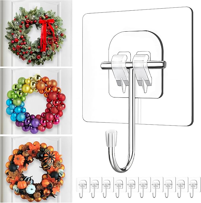Wreath Hangers for Front Door,Large Adhesive Wall-Hooks-for-Hanging-Heavy-Duty,10 Pack Christmas Halloween Decorations Fall Wreath-Door-Hanger,Over The Door Hooks Organizer,Welcome Sign for Front Door