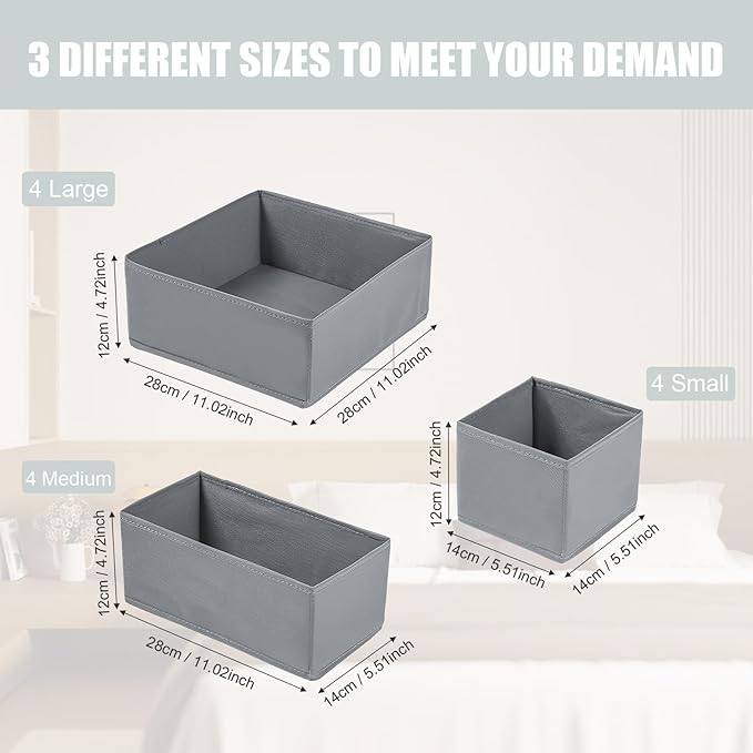 Drawer Organizer Clothes 12 Pack Clothes Organizer Dresser Drawer Organizers for Socks Underwears Bras Foldable Closet Organizers and Storage Fabric Storage Dividers for Nursery Bedroom, Gray