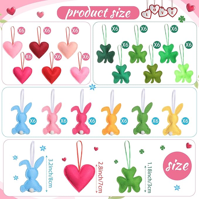 Jutom 108 Pcs Felt Valentine's Day Heart Hanging Ornaments St. Patrick's Day Shamrock Easter Egg Ornaments Heart Shaped Clover Baubles Shamrock Egg Felt Decoration for Holiday Favor (Fresh)