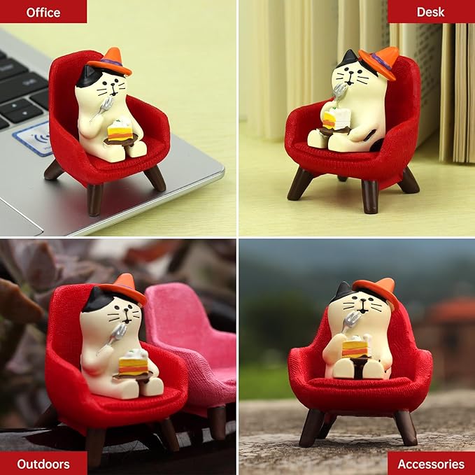RAQWI Cute Kitten Figurine Eating Cake on Red Sofa, Mini Resin Cat Statue for Office Desk & Home Decoration, Adorable Easter Spring Gift for Cat Lovers, Women, Friends