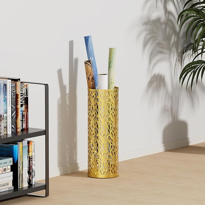 Metal Round Umbrella Stand Rack,Free Standing Umbrella Holder Bin, Canes Walking Sticks Holder for Entryway, Home, Office,Gold