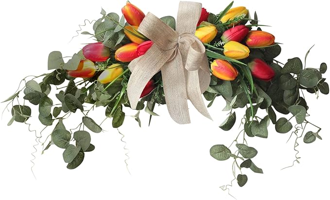 Artificial Tulip Flower Swag, 29.5in Decorative Swag with Fake Tulip Green Leaves Front Door Wreaths with Bow Rustic Artificial Floral Swag for Wedding Home Decor
